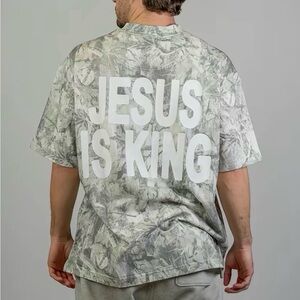 Gray Camo Short Sleeve Tee with White 'Jesus Is King' Print
